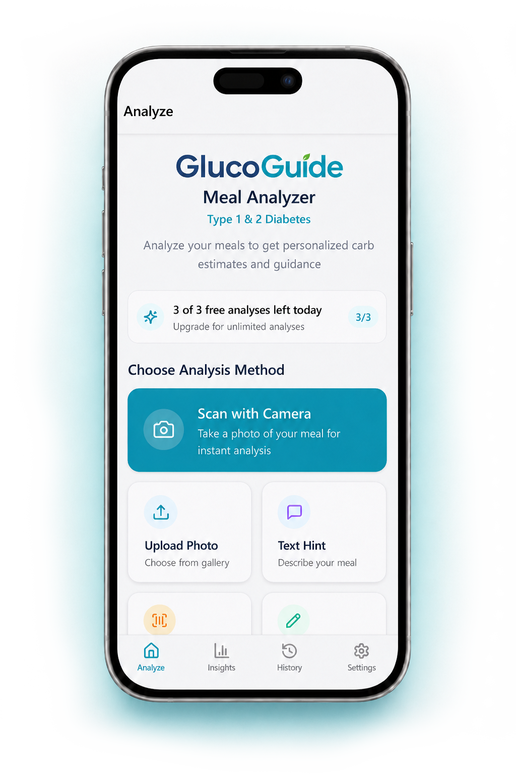 GlucoGuide app preview showing the Meal Analyzer screen on a phone